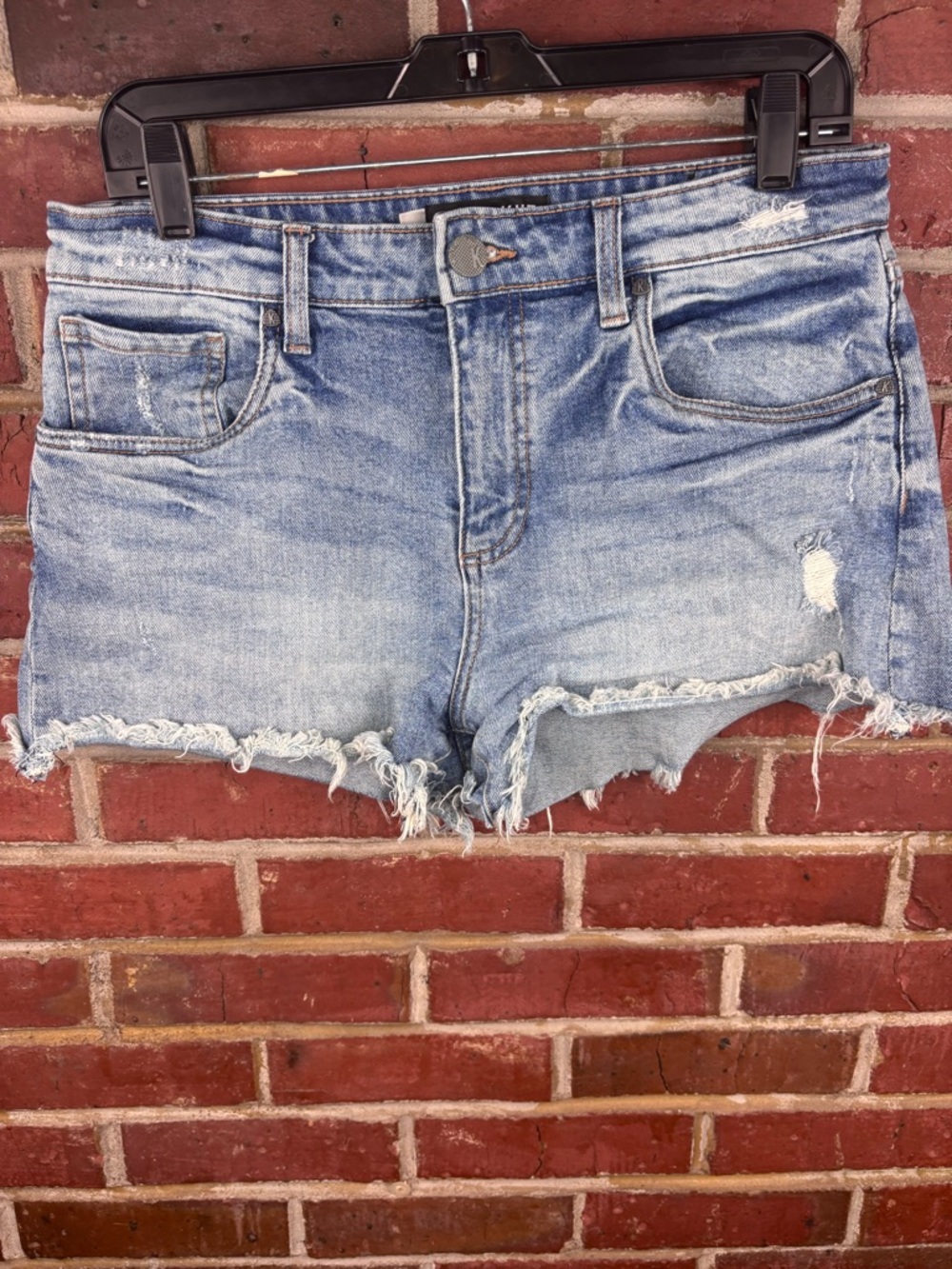 Kut from the Kloth Jane High Rise Shorts Women's 8 Blue Denim Fray Hem Stretch